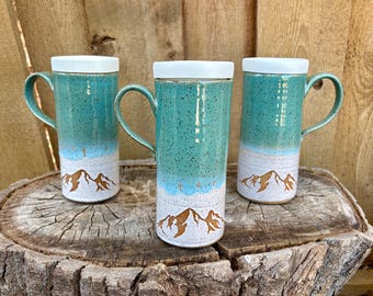 Handmade Turquoise and White Mountain Ceramic Travel Mug with Silicone Lid - Cup Holder Friendly