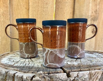 Rustic Handmade Ceramic Travel Mug: Dark Wood Coffee Cup with Lid