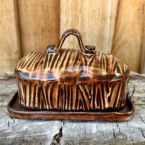 Handmade Ceramic Butter Dish with Unique Wood Grain Design & Buttons | Hand-Built Pottery for Block Butter | DISCOUNTED SECONDS