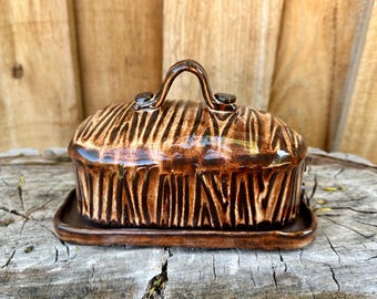 Handmade Ceramic Butter Dish with Unique Wood Grain Design & Buttons | Hand-Built Pottery for Block Butter | DISCOUNTED SECONDS