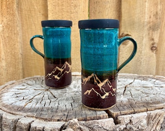 Handmade Teal Mountain Ceramic Travel Mug with Silicone Lid - Cup Holder Friendly
