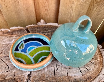 Handmade Nature Mosaic Butter Dish | Turquoise Butter Dome | Handpainted Nature Scene Butter Dish | Plant Hills Outside Mosaic Butter Dish