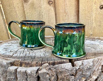 Handmade Green Cactus Mug | Succulent Desert Coffee Cup