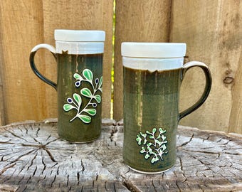 Handmade Hand Painted Floral Porcelain Travel Mug with Silicone Lid - Unique Gift for Tea and Coffee Lovers