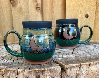 Handmade Ceramic Mountain Moon Round Travel Mug with Silicone Lid - Eco Friendly Mug