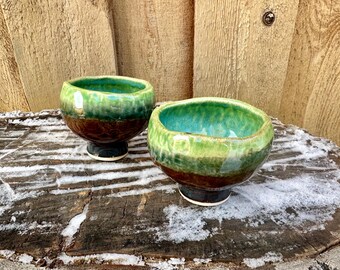 Set of Two Handmade Ceramic Pottery Blue Green and Brown Charcuterie Ramekin Bowl - Rustic Serveware