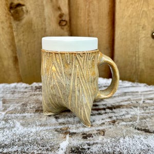Unique Wood Grain Tripod Handmade Pottery Travel Mug with Silicone Lid - Unique Ceramic Cup for Coffee & Tea Lovers