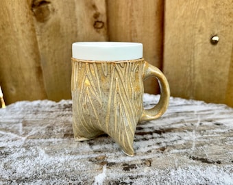 Unique Wood Grain Tripod Handmade Pottery Travel Mug with Silicone Lid - Unique Ceramic Cup for Coffee & Tea Lovers