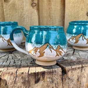 Handmade Turquoise and White Mountain Ceramic Mug – Unique Pottery Gift for Nature Lovers