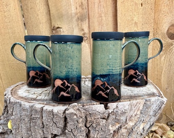 Handmade Mountain Full Moon Travel Mug – Red Stoneware, Silicone Lid