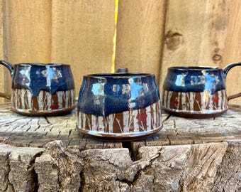 Handmade Ceramic Mug: Forest Print, Blue Glaze, Red Birds