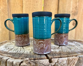 Handmade Teal Floral Ceramic Travel Mug with Lid
