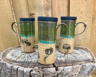 Handmade Green Glazed Mushroom Travel Mug with Silicone Lid | Cup Holder Friendly
