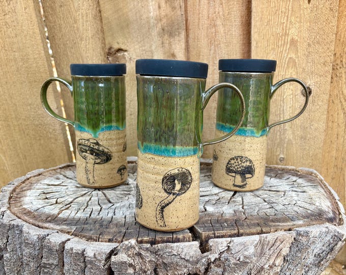 Featured listing image: Handmade Green Glazed Mushroom Travel Mug with Silicone Lid | Cup Holder Friendly