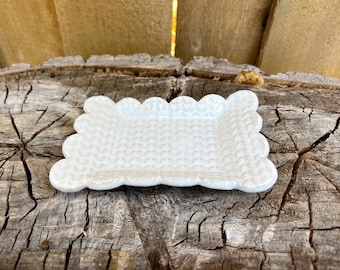 Handmade Rectangle Scallop Edge Knit Pattern Plate | Catch All Dish Jewelry Tray Soap Dish
