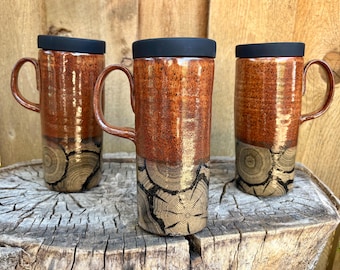 Wood Grain Handmade Pottery Travel Mug with Silicone Lid - Ceramic To Go Mug