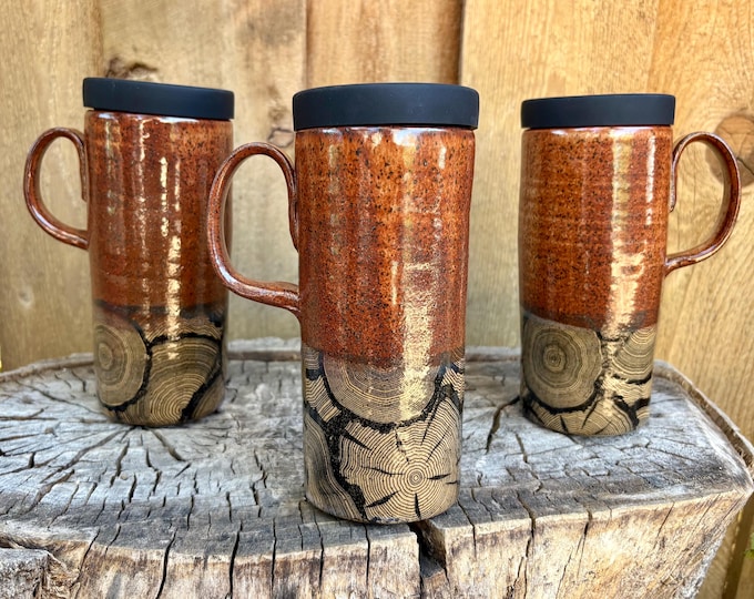 Featured listing image: Wood Grain Handmade Pottery Travel Mug with Silicone Lid - Ceramic To Go Mug