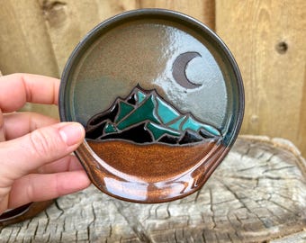 Handmade Hand Painted Mountain Moon Large Spoon Rest - Unique Kitchen Decor