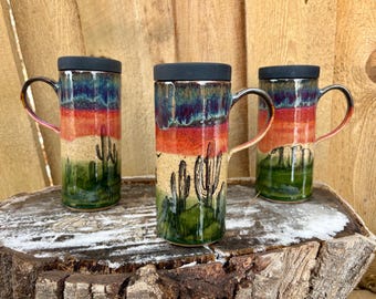 Handcrafted Desert Pottery Travel Mug with Silicone Lid - Sunset with Cactus