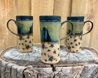 Bee Travel Mug | Iron Glazed Bee Scene | To-Go Mug | Silicone Lids | Travel Mug with Bees | Coffee Mug | Popular Travel Mug | Bee Lovers