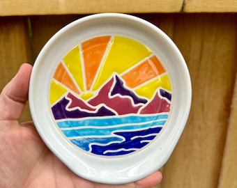Colorful Mountain Spoon Rest | Large Handmade Ceramic Kitchen Accessory | Perfect Gift