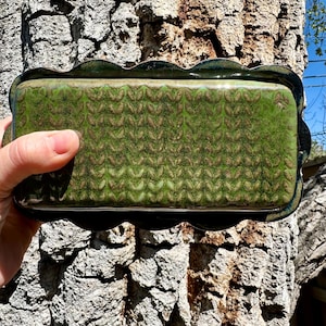 Handmade Large Block Butter Dish | Hand Built Ceramic Pottery with Green Knit Texture