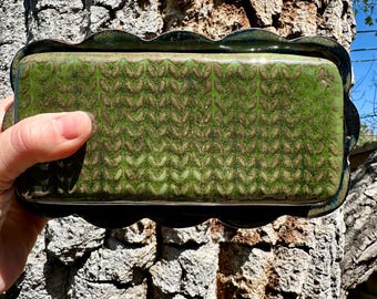 Handmade Large Block Butter Dish | Hand Built Ceramic Pottery with Green Knit Texture