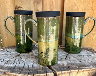 Handmade Green Glazed Monstera Travel Mug with Silicone Lid | Cup Holder Friendly