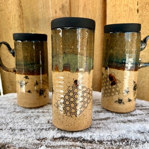 Bee Travel Mug | Iron Glazed Bee Scene | To-Go Mug | Silicone Lids | Travel Mug with Bees | Coffee Mug | Popular Travel Mug | Bee Lovers