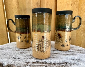 Bee Travel Mug | Iron Glazed Bee Scene | To-Go Mug | Silicone Lids | Travel Mug with Bees | Coffee Mug | Popular Travel Mug | Bee Lovers