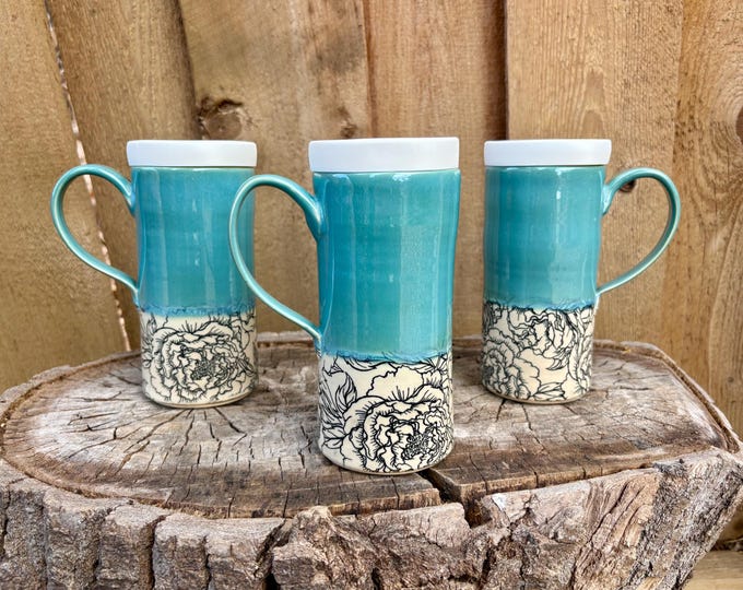 Featured listing image: Handmade Peony Ceramic Travel Mug with Silicone Lid - Cup Holder Friendly