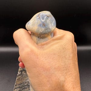 May include: A ceramic mushroom-shaped sculpture with a light blue and beige color scheme. The sculpture is held in a hand against a black background. The mushroom has a rounded top and a textured surface.