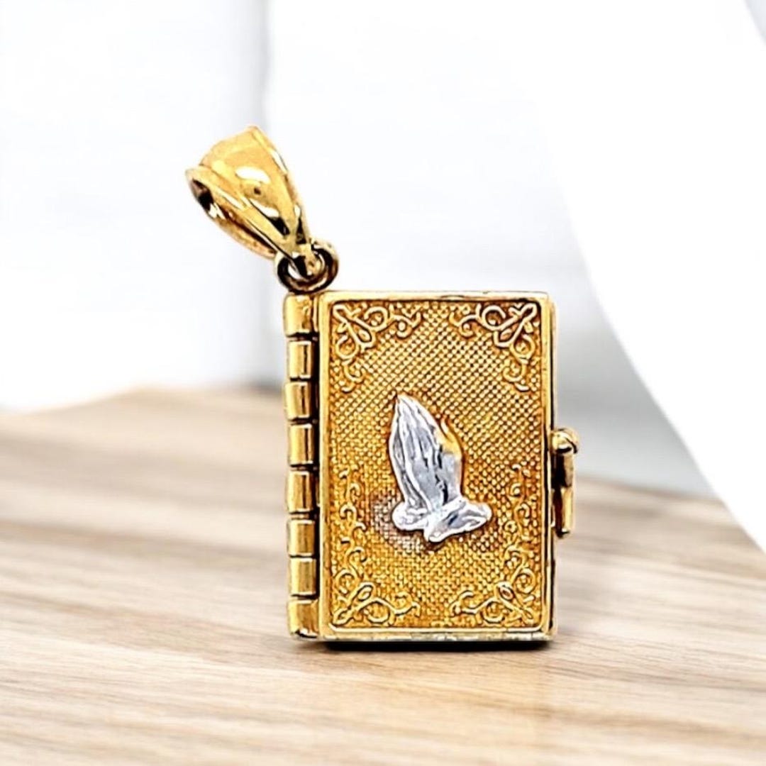 14k Solid Multi Tone Lord’s Prayer Holy Bible Open Pages Locket Pendant ...