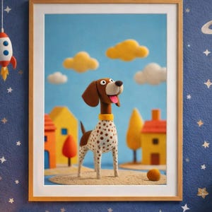 Puede incluir: Una obra de arte enmarcada con un perro caprichoso con manchas marrones y blancas, una cabeza marrón y un collar amarillo. El perro está frente a un cielo azul con nubes amarillas y blancas, casas y árboles. La obra de arte está en un marco de madera.