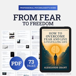 Könnte beinhalten: Ein digitaler Ratgeber mit dem Titel "How to Overcome Fear and Live a Fulfilling Life" von Aleksandr Grant. Das Cover zeigt eine Silhouette einer Person, die auf eine gehirnförmige Sonne zugeht. Der Ratgeber hat 73 Seiten und ist als PDF erhältlich.