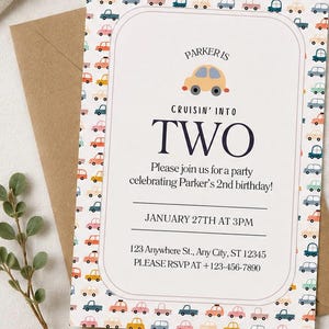 Two-Year-Old Birthday Invitation, Car Theme, Pastel, Editable Canva Template (5x7), Cruisin' Into TWO