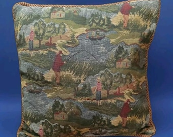 Tapiz de pesca campestre, cojín decorativo, cabaña, naturaleza, aproximadamente 38 x 38 cm. LEER