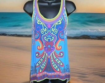 Flying Tomato Bohemian Print Top Women’s Sz Small Fit Colorful Cotton EUC