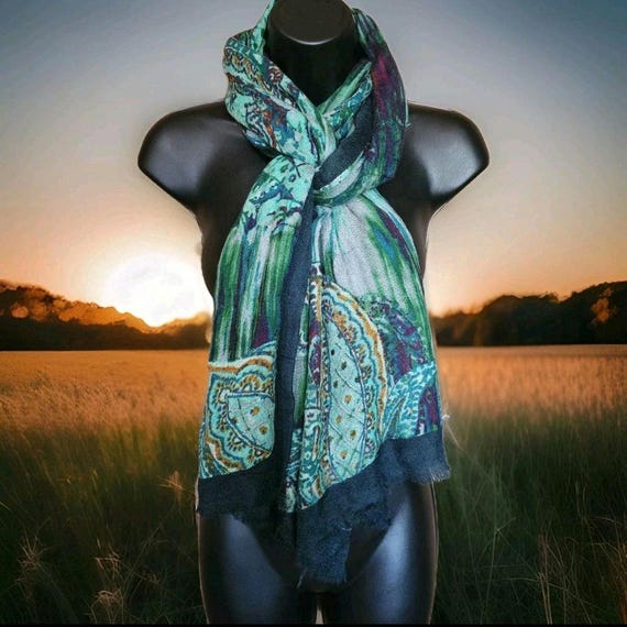 Paisley Pattern Rectangle Scarf Wrap Blue Green P… - image 1