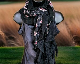 Rue 21 Scarf Knit & Rayon Floral Black Knit w/ Floral Overlay Accent Fringed EUC