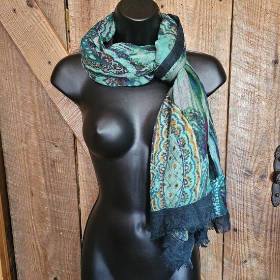 Paisley Pattern Rectangle Scarf Wrap Blue Green P… - image 3
