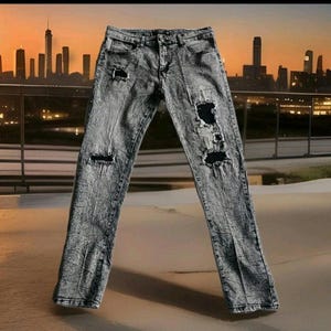 May include: Acid wash denim jeans with distressed details. The gray jeans have multiple ripped sections and a classic five-pocket design. The pants are displayed against a cityscape backdrop.