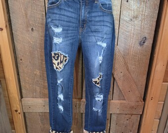 KanCan Vienna Super Skinny Jeans Women's 9/28 Leopard Print Distressing EUC