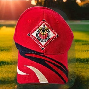 May include: Red baseball cap with a team logo on the front. The cap features a curved bill with a black and white design. The team logo is a diamond shape with a crest inside.