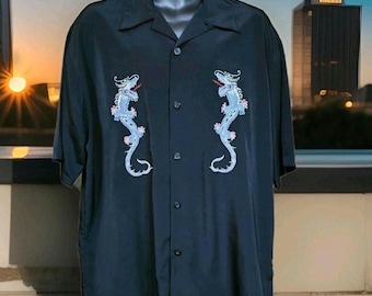 Silver Point Men’s XL Shirt SS Black Embroidered Dragon Cybercore Button Up Y2K