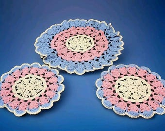 Vintage Crochet Doilies Lot Of 3 Blue Pink Cream 13" & 9" Round EUC
