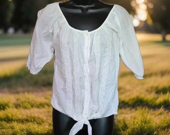 Mudd Tie-Front Jr/Missy Medium Blouse Puff Sleeve Lace Trim Boho Peasant White