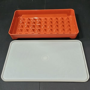May include: An orange rectangular container with a textured interior and a separate light gray lid. The container's interior features a grid of small, raised triangles. The lid is smooth with a central circular indentation.