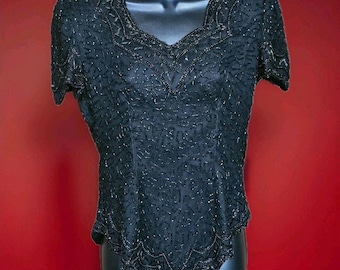 Vintage Stenay Ladies Small Top Black Beaded Silk Sparkle 1980s Glamour READ