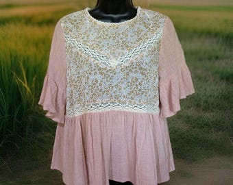 Umgee Womans Sz Small Babydoll Blouse Pink Eyelet Lace Floral Boho